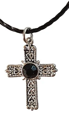 Buy Silver BLACK Bead Heart Gothic Crucifix Cross 30x21mm Pendant Necklace Jewellery • 3£