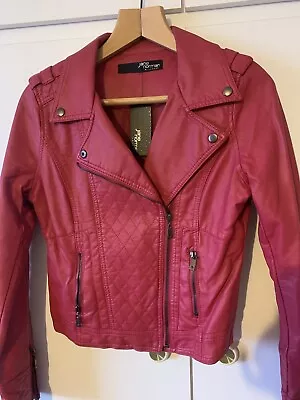 Buy BNWT Jane Norman Red Pink Berry Faux Leather Fitted Biker Jacket Rrp £60 UK 12 • 27£