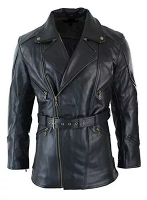 Buy Mens Black 3/4 Motorcycle Biker Long Cow-Hide Leather Jacket/Coat • 107.99£