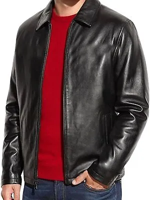Buy Men's Fashion Real Lambskin Leather Classic Plain Collared Slim Fit Black Jacket • 29£