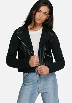 Buy Black Combo Hybrid Long Sleeve Knit Hooded Sexy Leather Biker Jacket UK 6 8 10 • 228.88£