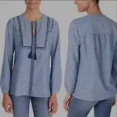 Buy J. Crew Chambray Embroidered Peasant Long Sleeve Top Size Large • 24.13£
