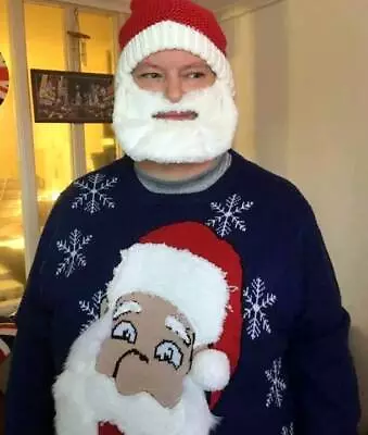 Buy Santa Face Fluffy White Beard Mens Blue Christmas Jumper Ho Ho Ho Size 3XL • 44.99£