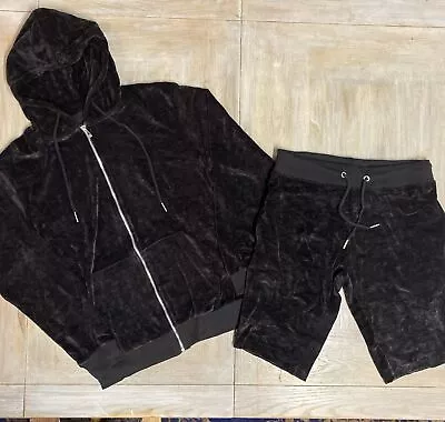 Buy Mens Hooded Shorts Tracksuit Velour Black Large Zip Hood Set RRP £55 Boohoo Man • 22.99£