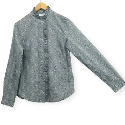 Buy New York & Company Cotton Paisley Printed Ruffle Button Up Long Sleeve Top M • 9.38£