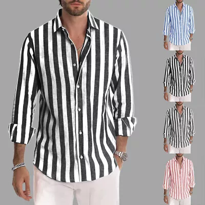 Buy Mens Stripe Casual Loose Shirts Long Sleeve Button Down Collar Work Tops T-Shirt • 2.79£