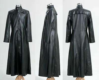 Buy Matrix Neo Long Black Leather Jacket Trench Coat Halloween Costume Cosplay • 141.92£