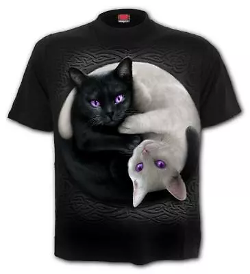 Buy Yin Yang Cats Tee T Shirt Top Spiral Gothic Black White Cute Kittens Purple Eye • 16.99£