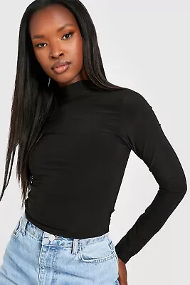 Buy Boohoo Black Double Layer High Neck Long Sleeve Top Size 12 (8) • 8.99£