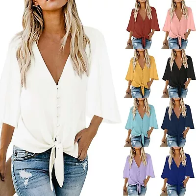 Buy Womens Chiffon Tie Knot V Neck Tops Ladies 3/4 Sleeve Buttons T Shirt Blouse • 11.99£