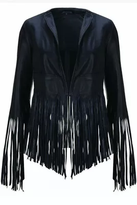 Buy Kate Moss Topshop Vtg Blue Leather Fringe Jacket Navy Cowgirl Western Glasto 16 • 145£