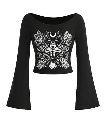 Buy Womens Size 8-10 Black White Skull Insect Celestial Crop Top T-Shirt New M Alt • 12.95£