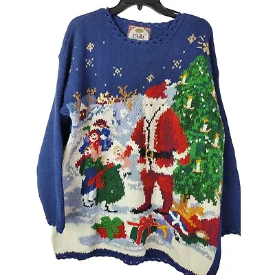Buy Tiara International Womens Blue Knit Cotton Santa Claus Christmas Sweater Large • 22.08£