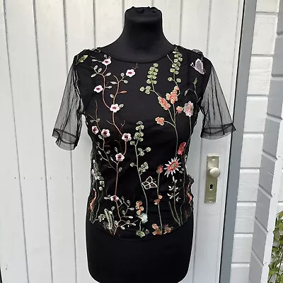 Buy New Look Black Sheer Embroidered Floral Mesh Short Sleeve Top UK Size 6 • 5£