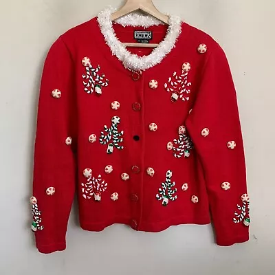 Buy Berek 2 Cardigan Red Christmas Candy Cane Design Faux Fur Collar Buttons Size L • 28.30£
