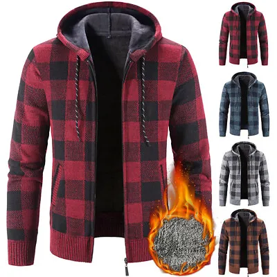 Buy Mens Plaid Hoodie Knitted Cardigan Fleece Lined Winter Up Thick Thermal Jumper • 18.59£