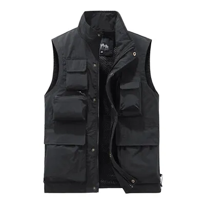 Buy Men Waistcoat Multi Pockets Sleeveless Cargo Jacket Vest Gilet Fishing Zip Tops • 25.99£