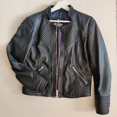 Buy Black Real Leather Biker Jacket With Zippers Size M UK12 • 60£