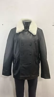Buy Mens Black Leather Fur Collard Reefer Coat Genuine Hide Leather Jacket Coat 4637 • 41.65£