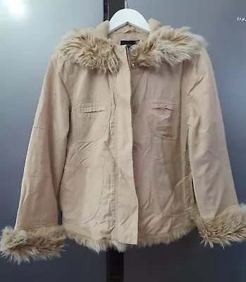 Buy Principles Ladies Fur Trim Short Jacket Hooded Zip Beige Windbreaker UK 14 L • 18.99£
