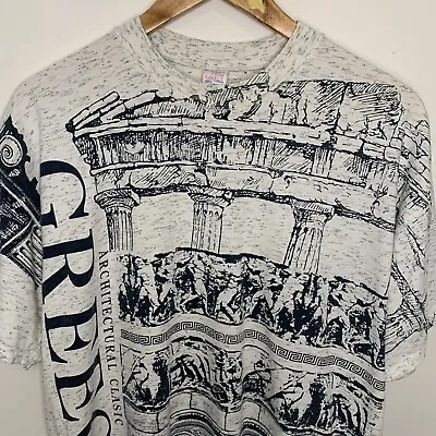 Buy Vintage Greece T-Shirt Mens Size Large Grey Blue Greek Acropolis All Over Print • 30.60£