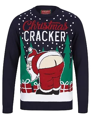 Buy Christmas Jumpers Novelty Funny Naughty Knit Santa Claus Xmas Cracker Dark Blue • 9.99£