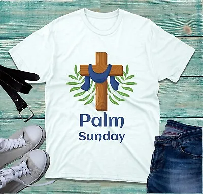 Buy Palm Sunday Wooden Cross T-Shirt Christian Holy Week Easter Palm Leaves Gift Top • 9.99£