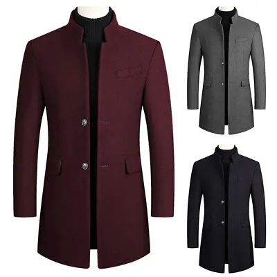 Buy Men Woolen Coats Slim Fit Long Jacket Winter Warm Windbreaker Thicken Outwear • 54.32£