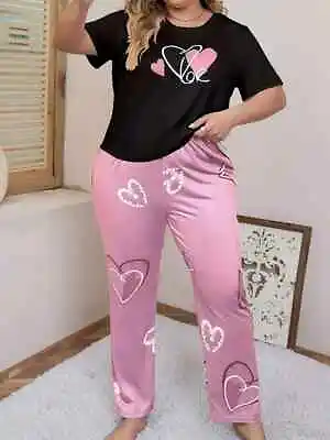 Buy Pyjama Set Plus Size 22 24 26 Pink Black Heart Print Stretch Loungewear Curve • 13.49£