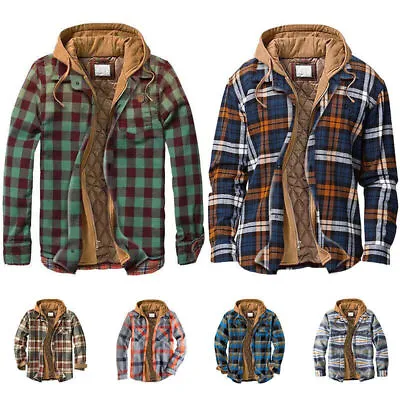 Buy Men Lumberjack Sherpa Fleece Lined Hoodie Plaid Work Jacket Hooded Flannel Shirt • 24.66£