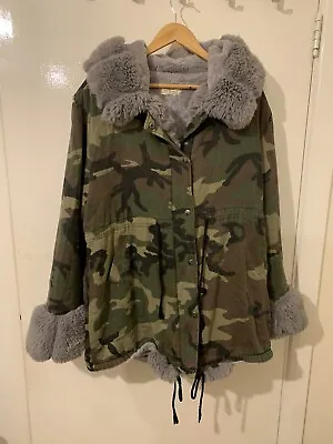 Buy Designer Camouflage Hoodie Fur Lined Full Zip Army Camo Hooded Winter Jacket XL • 30£
