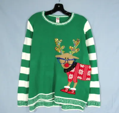 Buy HOLIDAY TIME Green MID-WEIGHT KNIT Nerdy Reindeer UGLY CHRISTMAS Sweater Sz XL • 8.65£