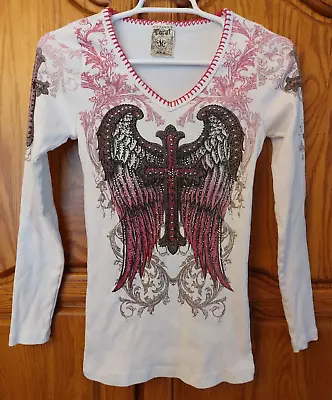 Buy Vocal Crystal White Cross Angel Wings Whipstitch Shirt Medium • 19.69£