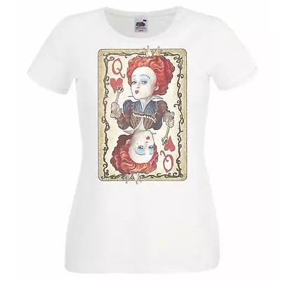 Buy Ladies Queen Of Hearts Playing Card Wonderland Fantasy White T-Shirt • 11.95£