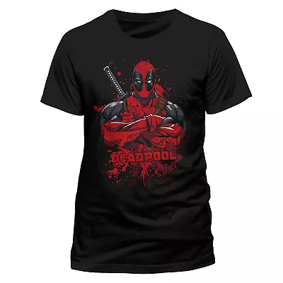 Buy Official Marvel Comics Deadpool Crossed Armed Blood Splatter Black T-shirt • 12.99£
