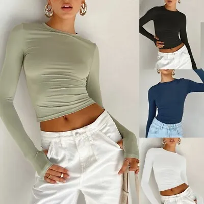 Buy Women Long Sleeve Round Neck Crop Top Tee Shirt Basic Tight Slim Fit Blouse Tops • 7.79£