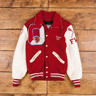 Buy DeLong Varsity Jacket S Bomber Leather Letterman USA Made Red Snap • 44.99£