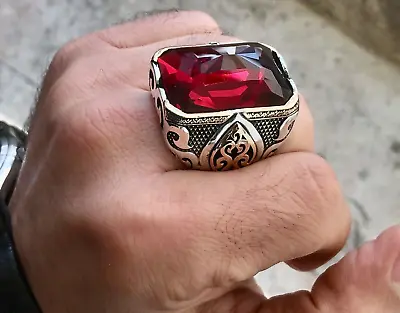 Buy Mens Large Signet Ring Sterling Silver Red Zirconia Turkish Handmade Jewelry • 104.46£