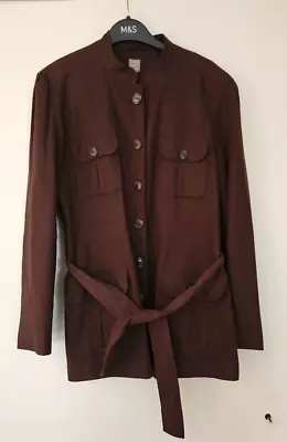 Buy Brown Linen Blend Belted Jacket Size 12 Lined • 8.99£