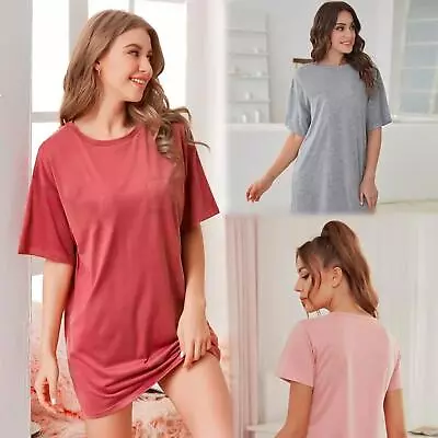 Buy Women's Plain Cotton Night Wear Long T-shirt Front Pocket Short Sleeve Nightwear • 5.49£