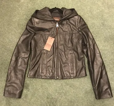 Buy Gorgeous Ladies Black Leather Jacket With Hood Bnwt Size 38 • 125£