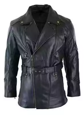 Buy Mens Black 3/4 Motorcycle Biker Long Cow-Hide Leather Jacket/Coat • 22.99£
