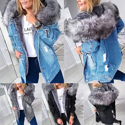 Buy Plus Size Women's Fleece Denim Jacket Hooded Faux Fur Collar Thick Jeans Coat Uk • 39.89£