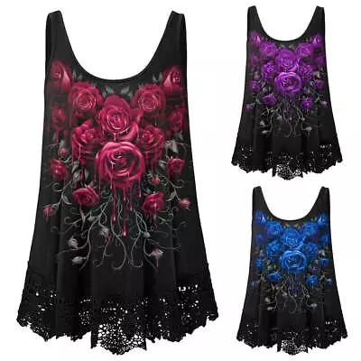 Buy Womens Gothic Rose Print Tank Tops Vest Ladies Lace Punk Camisole T-Shirt Tee • 3.09£