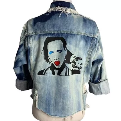 Buy Destroyed Marilyn Manson Denim Jacket M Bleached Blue Studded Heavy Metal Custom • 336.26£