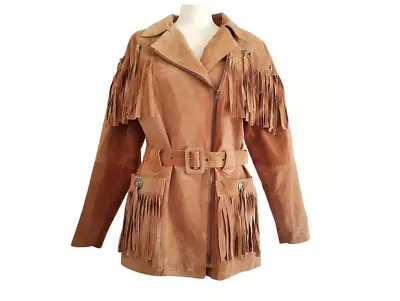 Buy Vintage Brown Suede Leather Western Style Fringed Cowgirl Jacket With Belt M • 99.99£