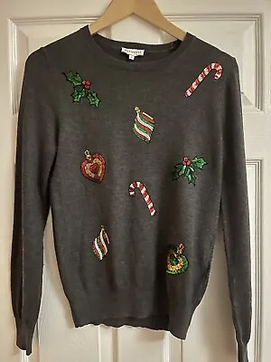 Buy Warehouse Grey Embellished Christmas Jumper Sequin Candy Cane Baubles Size 10 • 15£