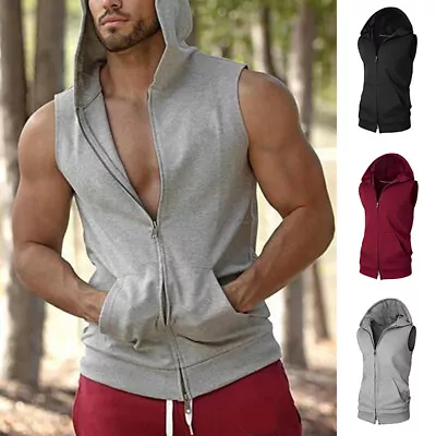 Buy Men Vest Sleeveless Hoodies Hooded Top Sweatshirt Tank Top Zipper Bodybuilding • 9.12£
