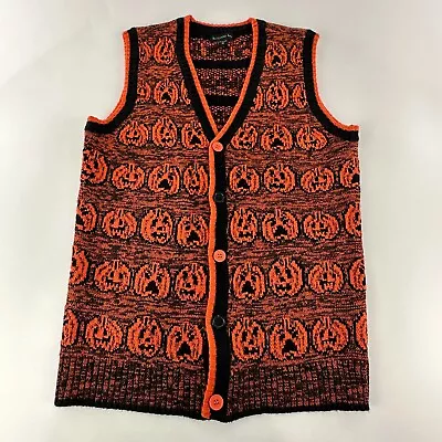 Buy Halloween Vest Womens Medium Pumpkin Ghost Spooky Faces Orange Button Sweater • 18.24£
