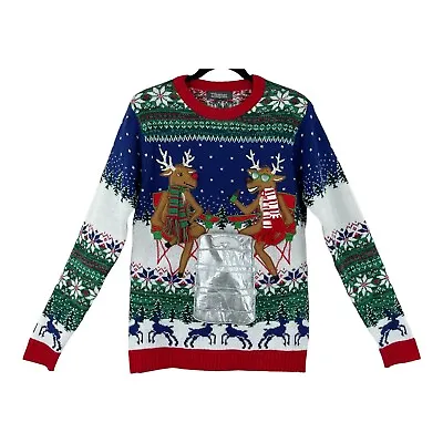Buy Christmas Sweater Size MED Reindeer Drinking Beer Party Beer Keg Pocket   127/3 • 18.85£
